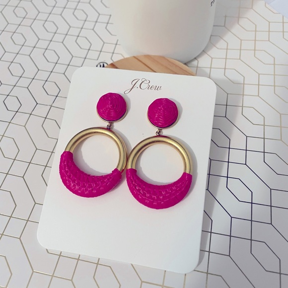 JCREW Faux- Raffia Wrapped Hoop Earrings NWT Vivid Begonia - Picture 3 of 7